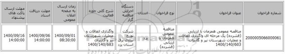 مناقصه عمومی همزمان با ارزیابی (فشرده) یک مرحله ای واگذاری اتفاقات و عملیات شهرستان نیر و گاریزات 1400/140/603