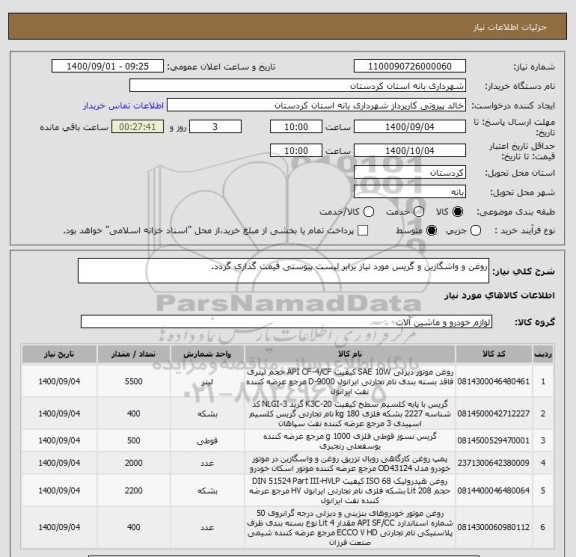 استعلام روغن و واشگازین و گریس مورد نیاز برابر لیست پیوستی قیمت گذاری گردد.