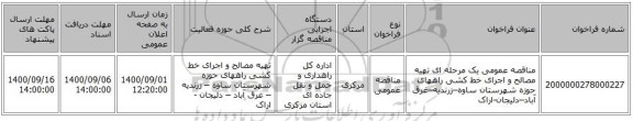 مناقصه عمومی یک مرحله ای تهیه مصالح و اجرای خط کشی راههای حوزه شهرستان ساوه–زرندیه–غرق آباد–دلیجان-اراک