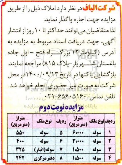 مزایده، مزایده واگذاری املاک  - نوبت دوم 