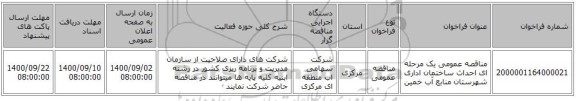 مناقصه عمومی یک مرحله ای احداث ساختمان اداری شهرستان منابع آب خمین   