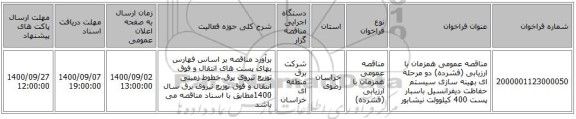 مناقصه عمومی همزمان با ارزیابی (فشرده) دو مرحله ای بهینه سازی سیستم حفاظت دیفرانسیل باسبار پست 400 کیلوولت نیشابور