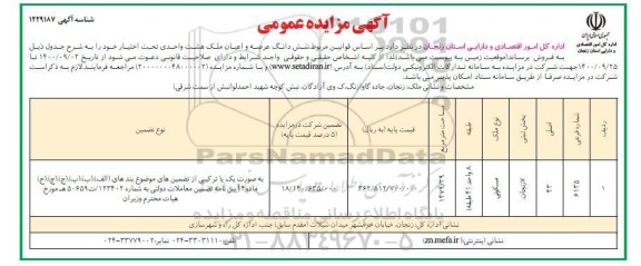 مزایده،مزایده فروش ششدانگ عرصه و اعیان ملک هشت واحدی 