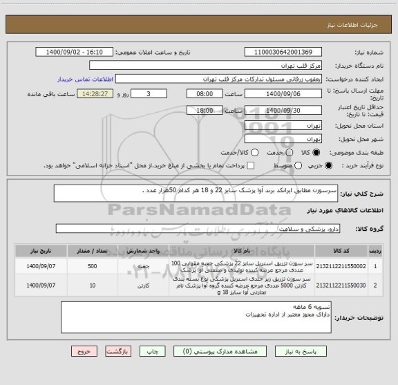 استعلام سرسوزن مطابق ایرانکد برند آوا پزشک سایز 22 و 18 هر کدام 50هزار عدد .