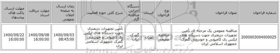 مناقصه عمومی یک مرحله ای تأمین تجهیزات دزیمتری جهت دستگاه های ایکس ری کامیونی و خودرویی گمرک جمهوری اسلامی ایران