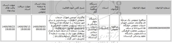 مناقصه عمومی یک مرحله ای واگذاری حجمی امورات خدمات عمومی خوابگاه ها،آشپزخانه و سلف سرویس معاونت فرهنگی و دانشجویی دانشگاه علوم پزشکی کردستان 