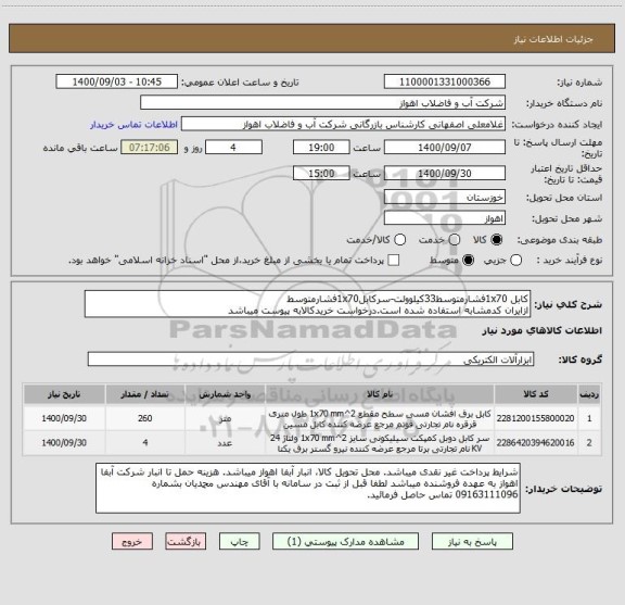 استعلام کابل 1x70فشارمتوسط33کیلوولت-سرکابل1x70فشارمتوسط
ازایران کدمشابه استفاده شده است.درخواست خریدکالابه پیوست میباشد