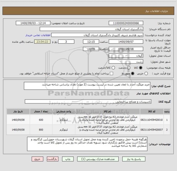 استعلام خرید میلگرد آجدار با ابعاد تعیین شده در لیست پیوست (2 مورد) تعداد براساس شاخه میباشد 