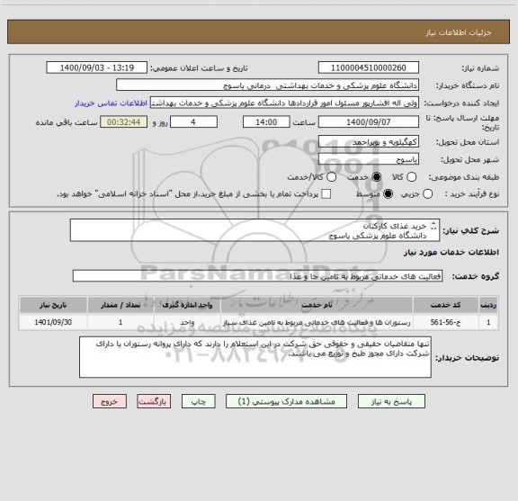 استعلام خرید غذای کارکنان
دانشگاه علوم پزشکی یاسوج
ستاد دانشگاه
