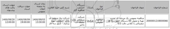 مناقصه عمومی یک مرحله ای تجدید تهیه و تحویل 60 دستگاه کنتور سه فاز دیجیتالی با کلاس دقت 0/2