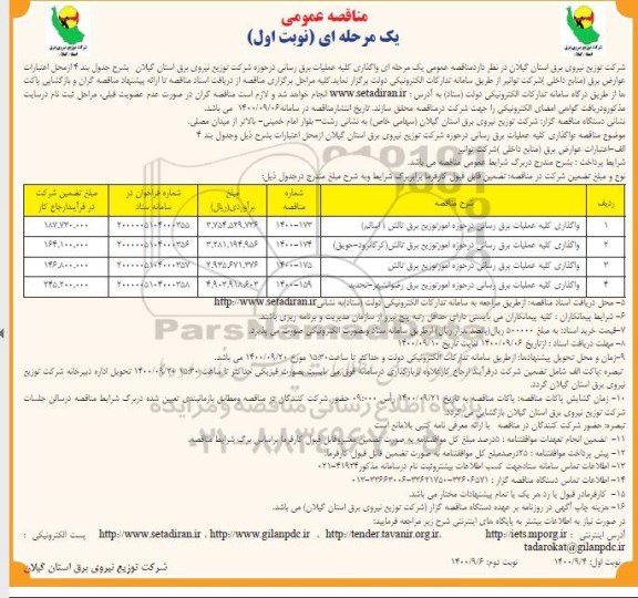 مناقصه واگذاری کلیه عملیات برق رسانی در حوزه شرکت 