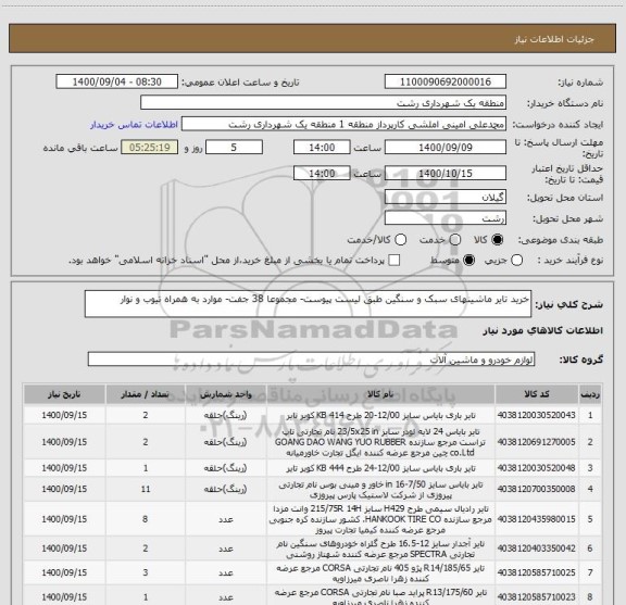 استعلام خرید تایر ماشینهای سبک و سنگین طبق لیست پیوست- مجموعا 38 جفت- موارد به همراه تیوب و نوار
