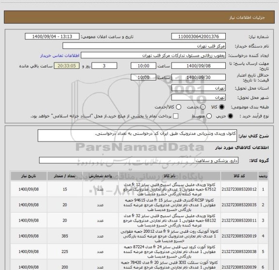 استعلام کانول وریدی وشریانی مدترونیک طبق ایران کد درخواستی به تعداد درخواستی.