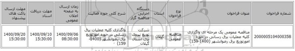 مناقصه عمومی یک مرحله ای واگذاری کلیه عملیات برق رسانی در حوزه امورتوزیع برق رضوانشهر (1400-159)