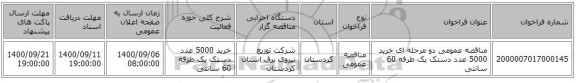 مناقصه عمومی دو مرحله ای خرید 5000 عدد دستک یک طرفه 60 سانتی