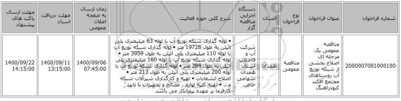 مناقصه عمومی یک مرحله ای اصلاح بخشی از شبکه توزیع آب روستاهای مجتمع آقکند کبودراهنگ