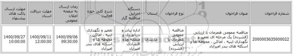 مناقصه عمومی همزمان با ارزیابی (فشرده) یک مرحله ای تعمیر و نگهداری ابنیه ، اماکن ، محوطه ها و اسکله های بندر امیرآباد