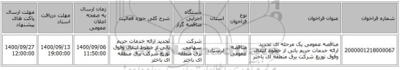 مناقصه عمومی یک مرحله ای تجدید ارائه خدمات حریم بانی از خطوط انتقال وفوق توزیع شرکت برق منطقه ای باختر 