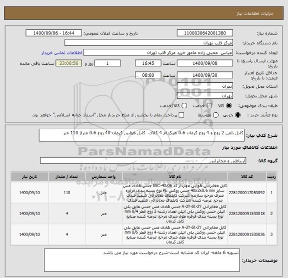 استعلام کابل تلفن 2 زوج و 4 زوج کرمان 0.6 هرکدام 4 کلاف -کابل هوایی کرمان 40 زوج 0.6 متراژ 110 متر