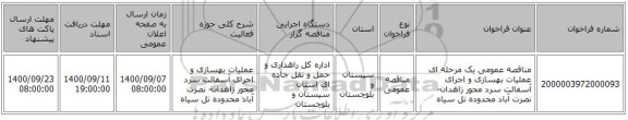 مناقصه عمومی یک مرحله ای عملیات بهسازی و اجرای آسفالت سرد محور زاهدان- نصرت آباد محدوده تل سیاه