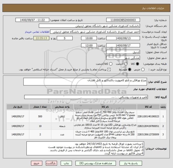 استعلام چراغ نورافکن و تابلو کامپوزیت باکنتاکتور و کابل افشان