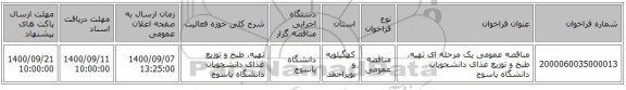 مناقصه عمومی یک مرحله ای تهیه، طبخ و توزیع غذای دانشجویان دانشگاه یاسوج