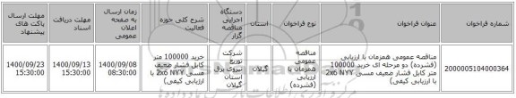 مناقصه عمومی همزمان با ارزیابی (فشرده) دو مرحله ای خرید 100000 متر کابل فشار ضعیف مسی 2x6 NYY با ارزیابی کیفی)