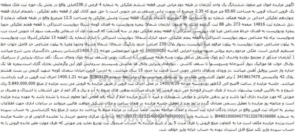 آگهی مزایده ششدانگ یک واحد آپارتمان در طبقه دوم میانی غربی قطعه ششم تفکیکی به شماره 4 فرعی از 238اصلی