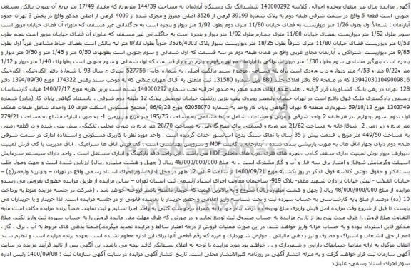 آگهی مزایده ششدانگ یک دستگاه آپارتمان به مساحت 144/39 مترمربع که مقدار 17/49 متر مربع