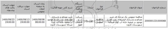 مناقصه عمومی یک مرحله ای خرید مصالح و بازسازی فیلترهای تحت فشار موجود در تصفیه خانه آب کوت عبداله شهرستان کارون