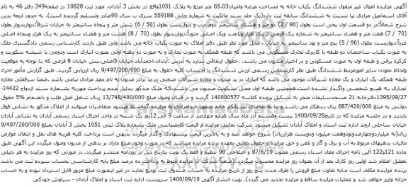 آگهی مزایده ششدانگ یکباب خانه به مساحت عرصه واعیان65.03 متر مربع به پلاک 1051واقع در بخش 3 آبادان