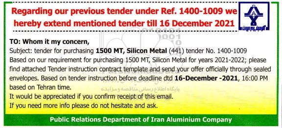 tender for purchasing 1500 MT, Silicon Metal 