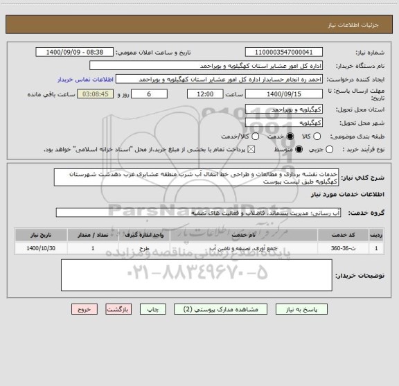 استعلام خدمات نقشه برداری و مطالعات و طراحی خط انتقال آب شرب منطقه عشایری غرب دهدشت شهرستان کهگیلویه طبق لیست پیوست