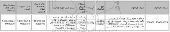 مناقصه عمومی یک مرحله ای خدمات نگهداری و بهره برداری ، تعمیرات و رفع حوادث تاسیسات آبرسانی روستاهای تحت پوشش شهرستان ماهنشان