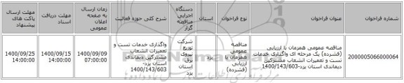 مناقصه عمومی همزمان با ارزیابی (فشرده) یک مرحله ای واگذاری خدمات تست و تعمیرات انشعاب مشترکین دیماندی استان یزد-1400/143/603