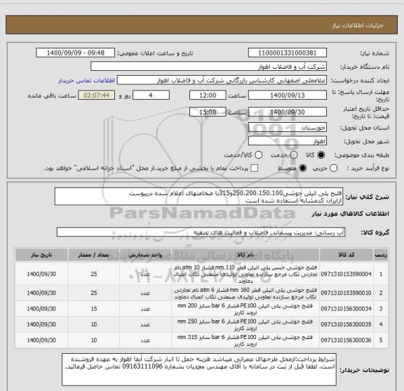 استعلام فلنج پلی اتیلن جوشی250،200،150،100و315با ضخامتهای اعلام شده درپیوست
ازایران کدمشابه استفاده شده است