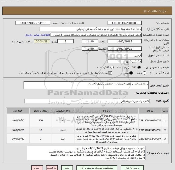 استعلام چراغ نورافکن و تابلو کامپوزیت باکنتاکتور و کابل افشان