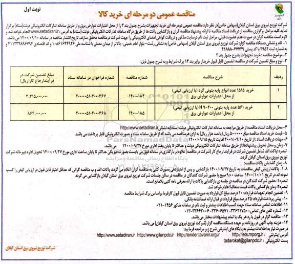 مناقصه خرید 1515 عدد انواع پایه بتونی گرد ....