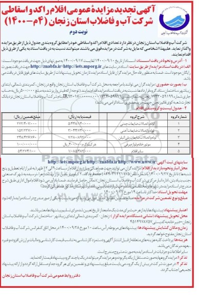 تجدید مزایده عمومی فروش تعدادی اقلام راکد و اسقاطی- نوبت دوم