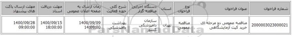 مناقصه عمومی دو مرحله ای خرید کیت آزمایشگاهی 