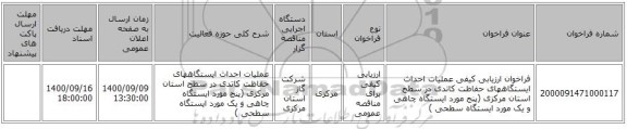 فراخوان ارزیابی کیفی  عملیات احداث ایستگاههای حفاظت کاتدی در سطح استان مرکزی (پنج مورد ایستگاه چاهی و یک مورد ایستگاه سطحی )