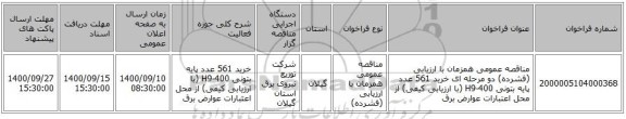 مناقصه عمومی همزمان با ارزیابی (فشرده) دو مرحله ای خرید 561 عدد پایه بتونی H9-400 (با ارزیابی کیفی) از محل اعتبارات عوارض برق