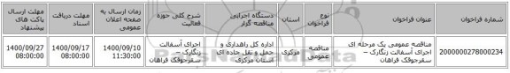 مناقصه عمومی یک مرحله ای اجرای آسفالت زنگارک – سقرجوقک فراهان