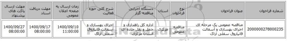 مناقصه عمومی یک مرحله ای اجرای بهسازی و آسفالت قانیاروق سفلی اراک 