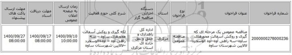 مناقصه عمومی یک مرحله ای که گیری و روکش آسفالت محورهای ساوه–سه راهی آوه–آوه الوسجرد–لالایین شهرستان ساوه