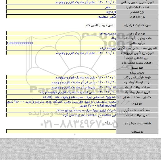 تجدید شناسایی و تهیه فهرست تامین کنندگان واجد شرایط و خرید ۲۵۰۰۰۰ کنتور Rail mouted با ۲۷۰۰۰ مودم