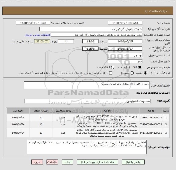 استعلام خرید 3 قلم RTD مطابق مشخصات پیوست