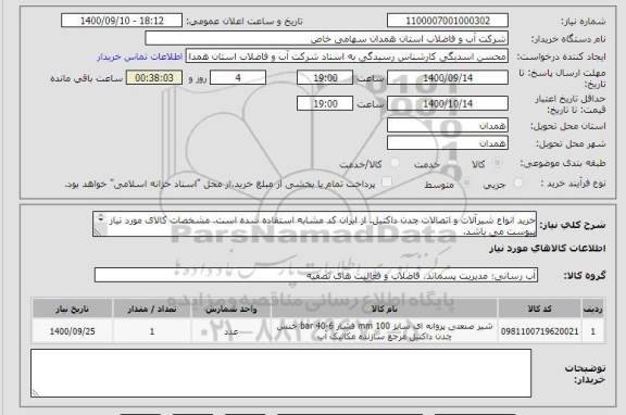 استعلام خرید انواع شیر آلات و اتصالات چدن داکتیل