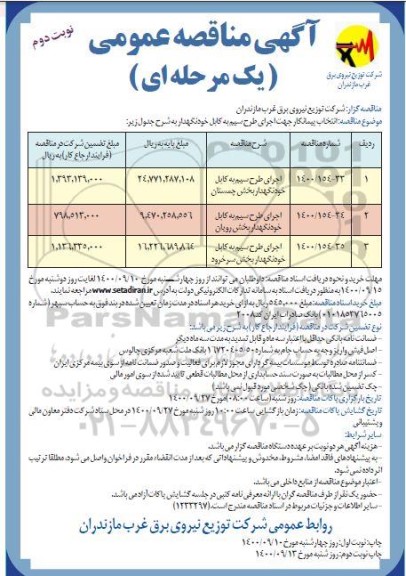 مناقصه اجرای طرح سیم به کابل خودنگهدار نوبت دوم 