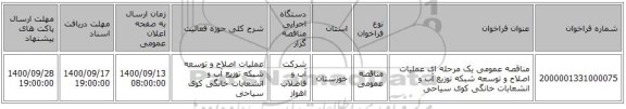 مناقصه عمومی یک مرحله ای عملیات اصلاح و توسعه شبکه توزیع آب و انشعابات خانگی کوی سیاحی